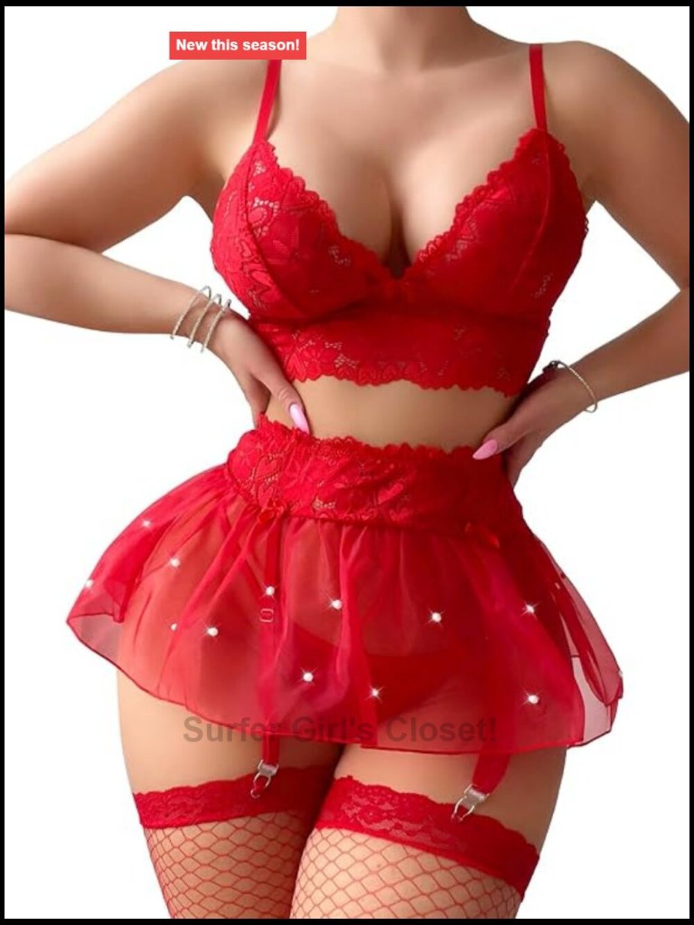 4 Piece Mesh Lingerie Set with Skirt, Choker, Garter Belt